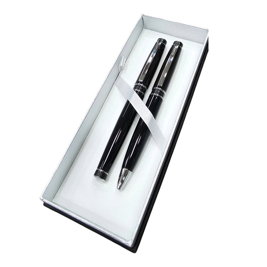 JUEGO BOLIGRAFO Y ROLLER NEGRO LACA PLATA (2027NBNR-048N)