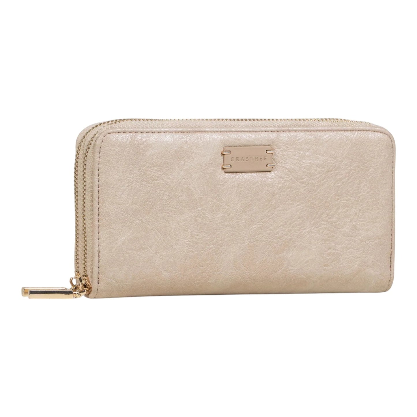 Regalos Ejecutivos Ortiz beige faux leather double zipper wallet with gold-tone hardware and embossed logo.