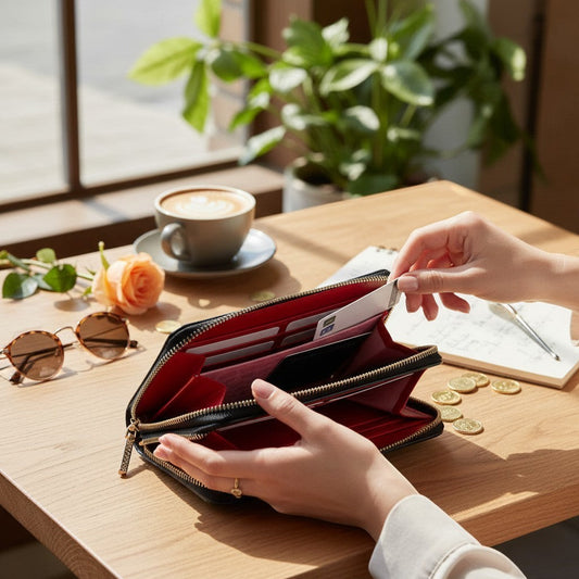 Regalos Ejecutivos Ortiz black faux leather wallet with red interior, double zipper closure, and gold-tone hardware.