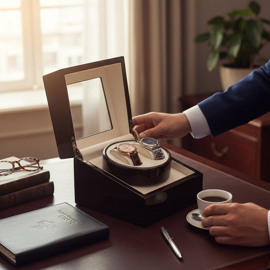 Regalos Ejecutivos Ortiz black dual automatic watch winder with white interior and two watches displayed.
