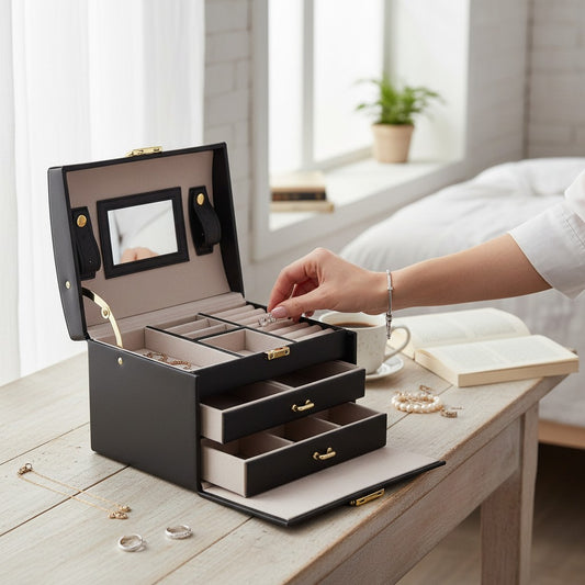 Regalos Ejecutivos Ortiz black rectangular jewelry box with mirror, ring slots, necklace hooks, and drawers.