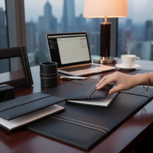 Regalos Ejecutivos Ortiz black leather 7-piece desk set with stitched details, including a desk pad, notepad holder, and pen cup.