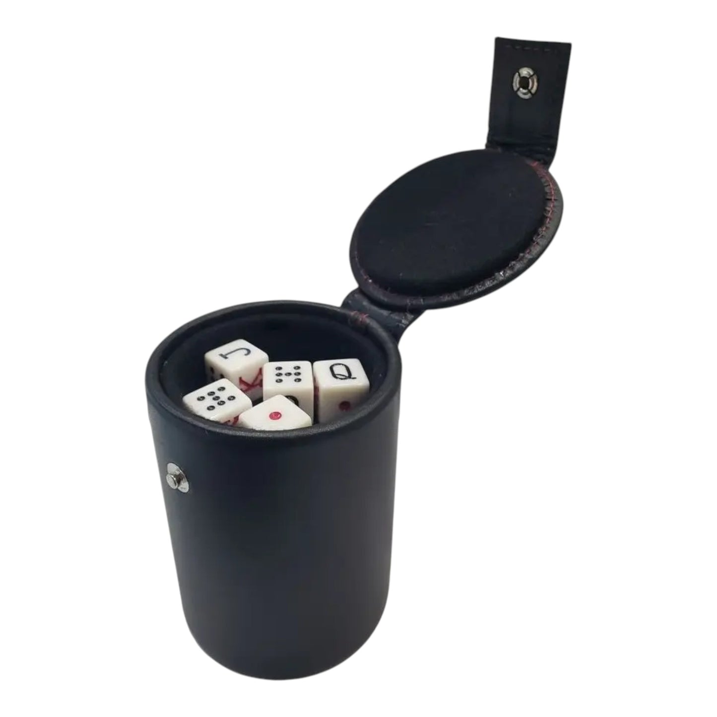Regalos Ejecutivos Ortiz black leather dice cup with lid, containing white dice with red and black markings.