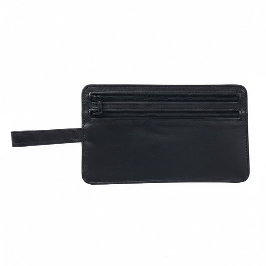Regalos Ejecutivos Ortiz black leather hidden money belt with double zipper and wrist strap.