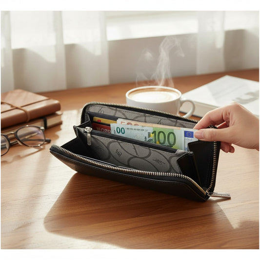 Regalos Ejecutivos Ortiz black genuine leather women's wallet with multiple card slots and zippered compartments.