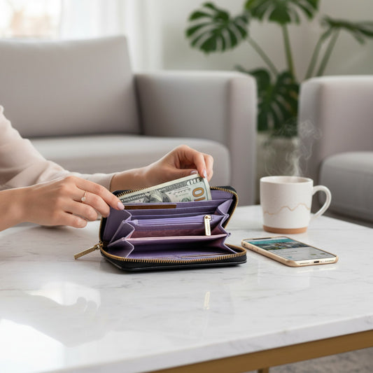 Regalos Ejecutivos Ortiz black textured synthetic wallet with gold zipper and purple interior, featuring multiple compartments.