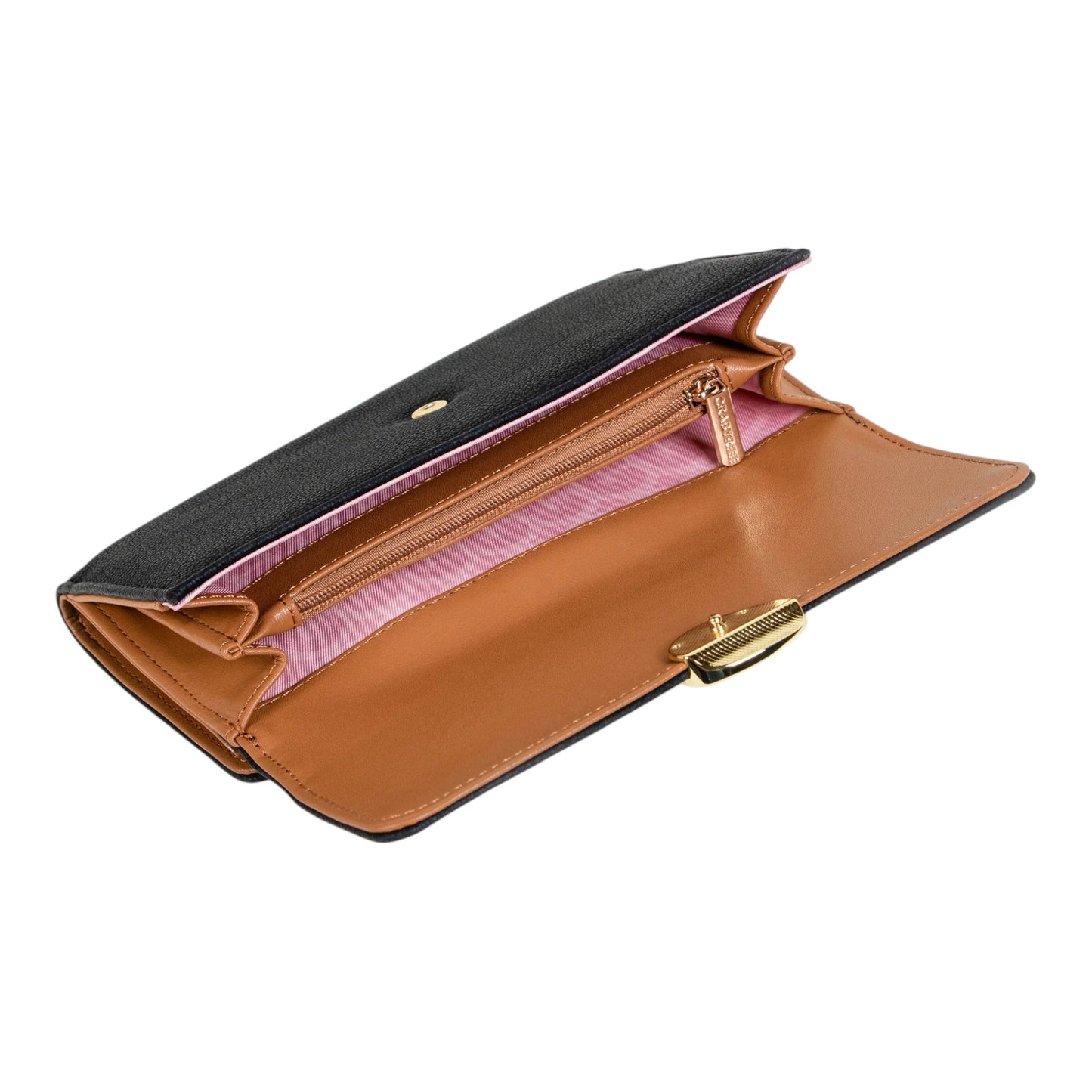 Regalos Ejecutivos Ortiz black textured synthetic wallet with tan interior and gold clasp closure.