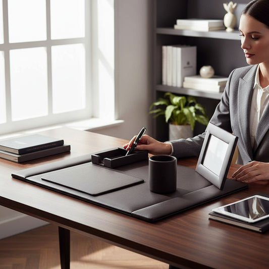 Regalos Ejecutivos Ortiz brown leather 5-piece desk set including blotter, pen holder, photo frame, note holder, and mouse pad.