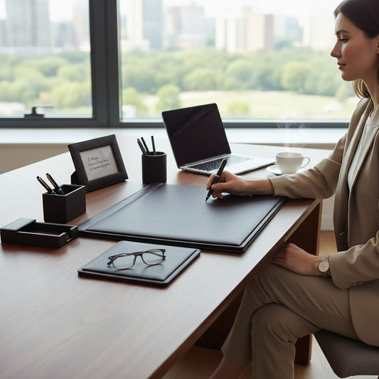 Regalos Ejecutivos Ortiz brown leather 6-piece desk set including desk pad, mouse pad, pen holder, photo frame, note holder, and notepad.