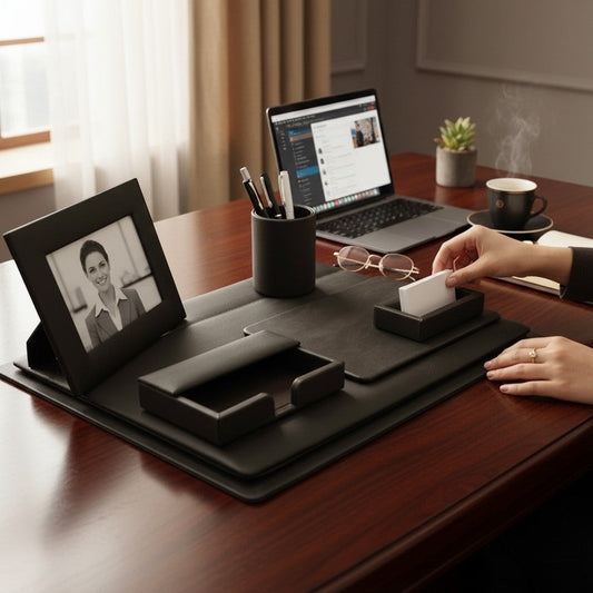 Regalos Ejecutivos Ortiz dark brown genuine leather 5-piece desk set including a blotter, pen cup, business card holder, photo frame, and letter tray.