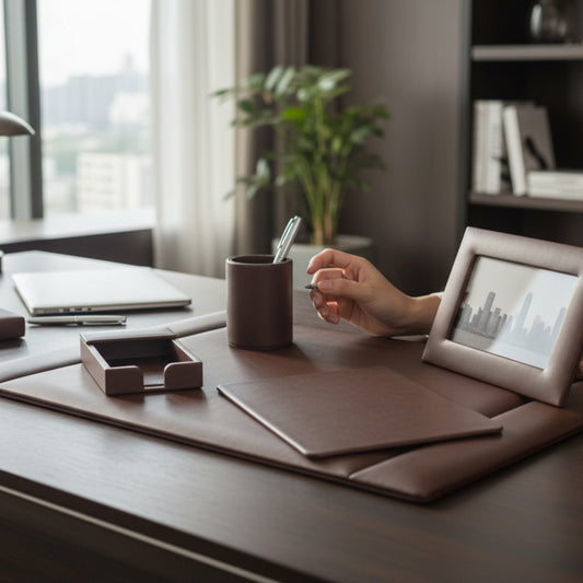 Regalos Ejecutivos Ortiz brown leather 5-piece desk set including mouse pad, pen holder, photo frame, and note tray.