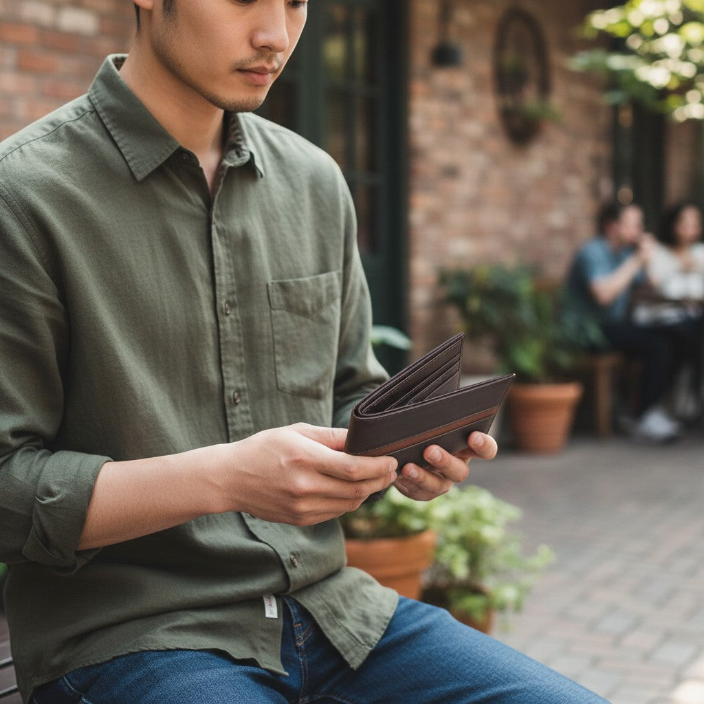 Regalos Ejecutivos Ortiz men's brown leather bi-fold wallet with horizontal honey stripe, 10 card slots, double bill compartment.