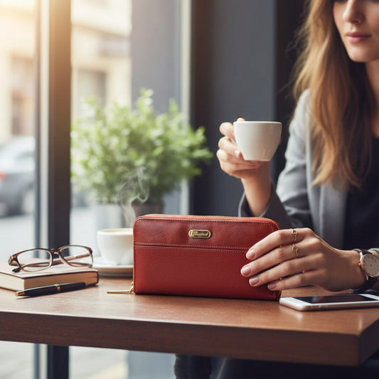 Regalos Ejecutivos Ortiz red leather classic wallet with gold zipper and interior card slots.