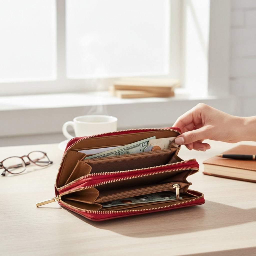 Regalos Ejecutivos Ortiz red double zipper wallet with multiple compartments and gold-tone hardware.