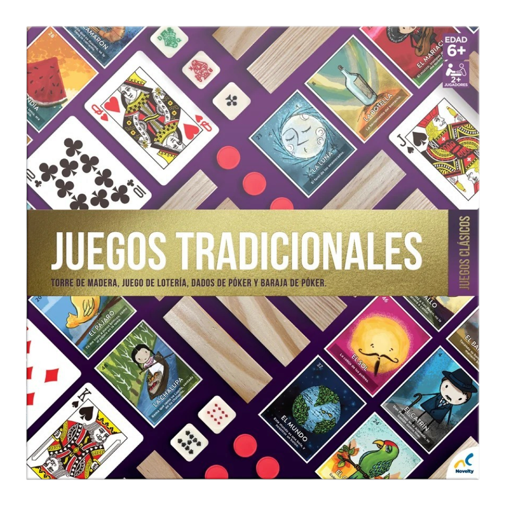 Set de juegos tradicionales Regalos Ejecutivos Ortiz con lotería, cartas de póker y bloques de madera