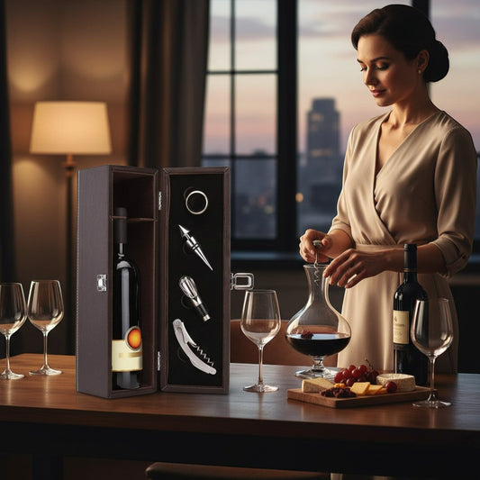 Regalos Ejecutivos Ortiz brown faux leather wine gift box with corkscrew, stopper, pourer, and ring.