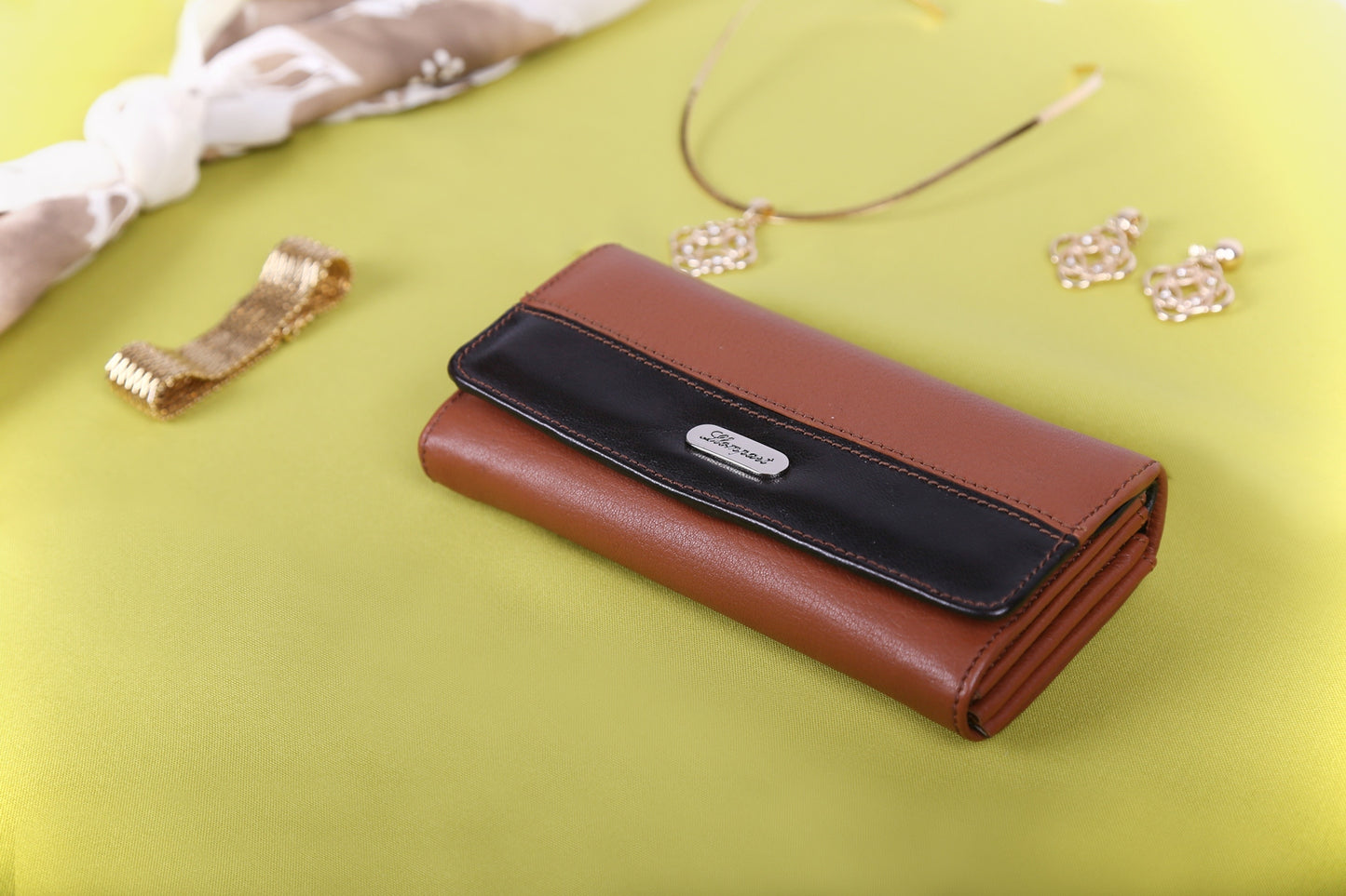 CARTERA DAMA CLASICA DE BROCHE EN PIEL MIEL CAFE ROJIZO (LL1089)