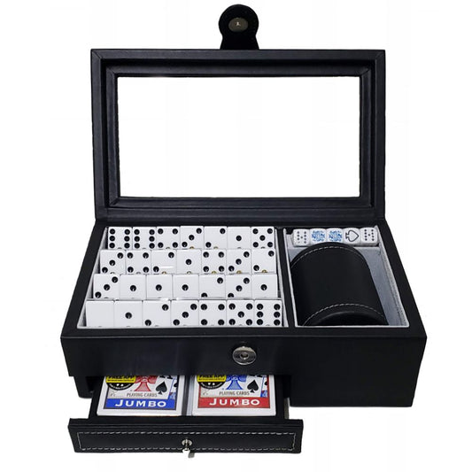 CASINO PIEL DOMINO BARAJA Y CUBILETE NEGRO