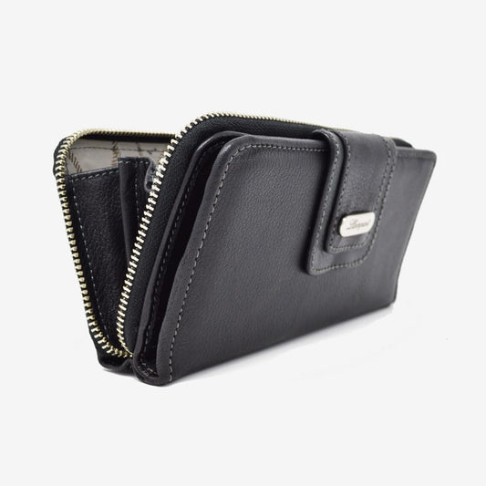 CARTERA BROCHE GRANDE AL FRENTE Y ZIPPER PIEL NEGRO (LL1091)