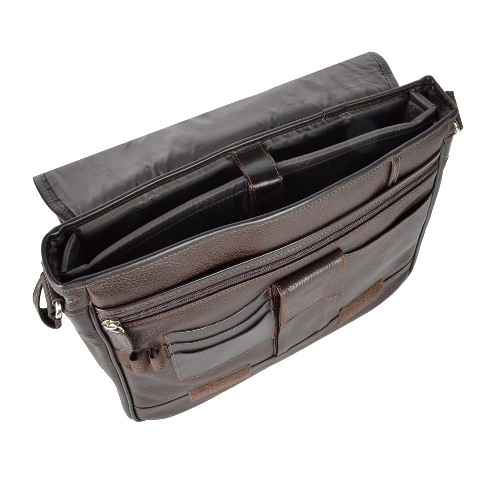 PORTAFOLIO LAPTOP CON SUJETADOR SUPERIOR EN PIEL CAFE (LL2061)