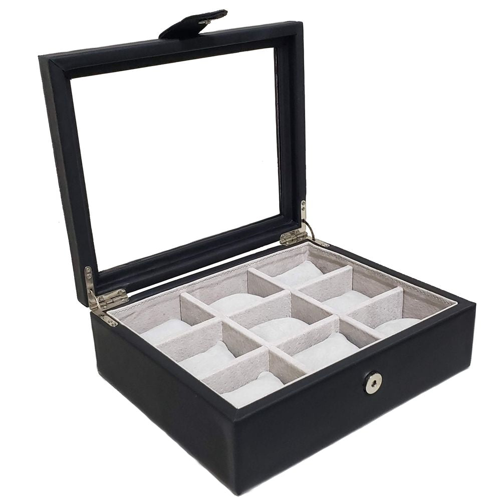 Estuche Relojero de Piel para 9 Relojes Negro Personalizado - Casa Ortiz