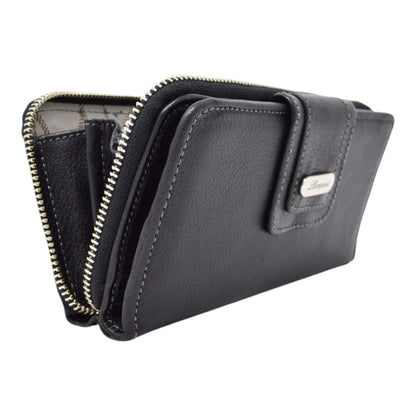 CARTERA BROCHE GRANDE AL FRENTE Y ZIPPER PIEL NEGRO (LL1091)