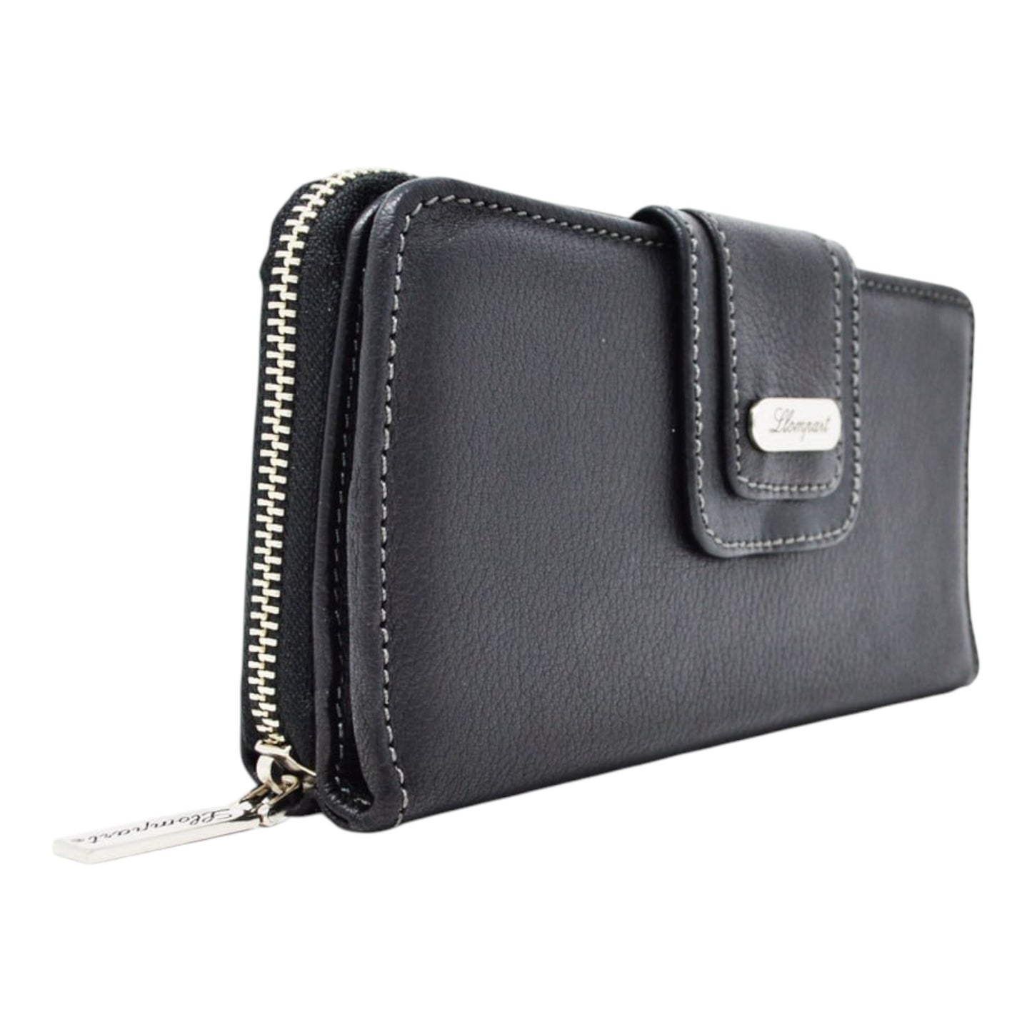 CARTERA BROCHE GRANDE AL FRENTE Y ZIPPER PIEL NEGRO (LL1091)