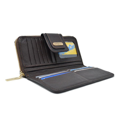 CARTERA BROCHE GRANDE AL FRENTE Y ZIPPER PIEL CAFE (LL1091)