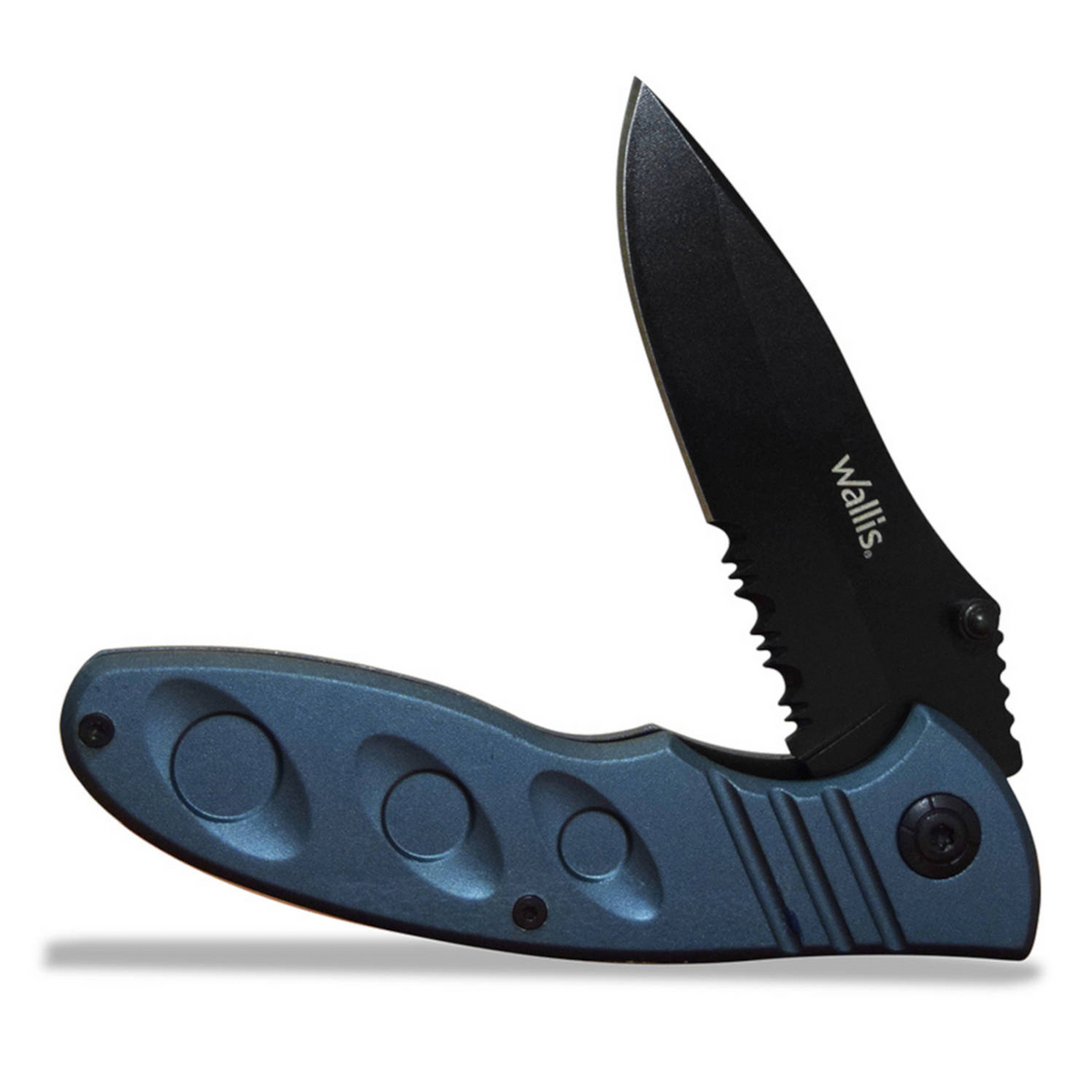 Navaja plegable Regalos Ejecutivos Ortiz con hoja negra dentada y mango ergonómico de color azul metálico
