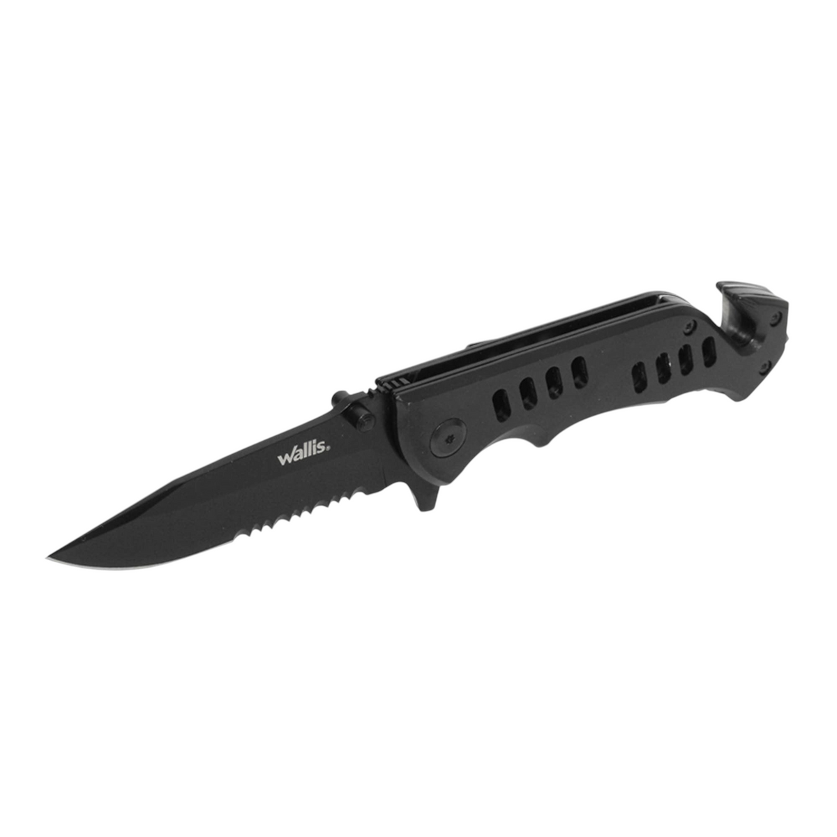Navaja negra de Regalos Ejecutivos Ortiz con hoja dentada y mango ergonómico de metal para uso táctico