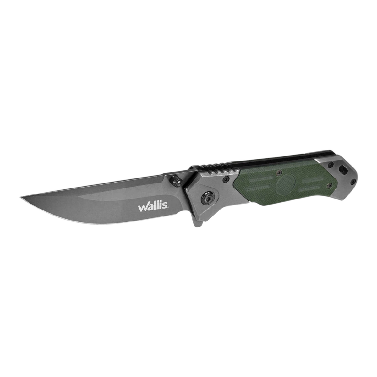 Navaja plegable Regalos Ejecutivos Ortiz con hoja de acero inoxidable gris y mango texturizado en color verde militar.