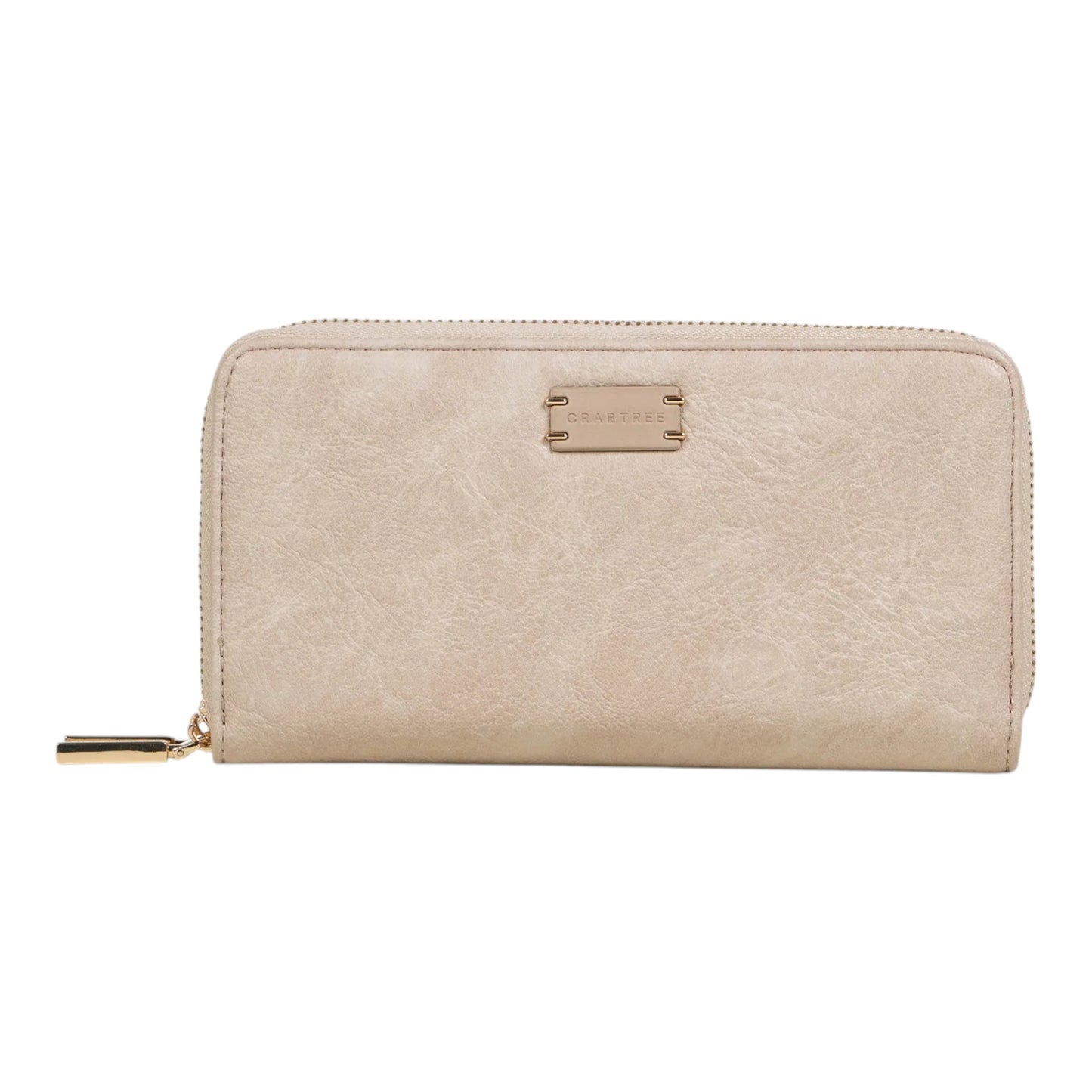 Regalos Ejecutivos Ortiz beige faux leather double zipper wallet with gold-tone hardware and embossed logo.