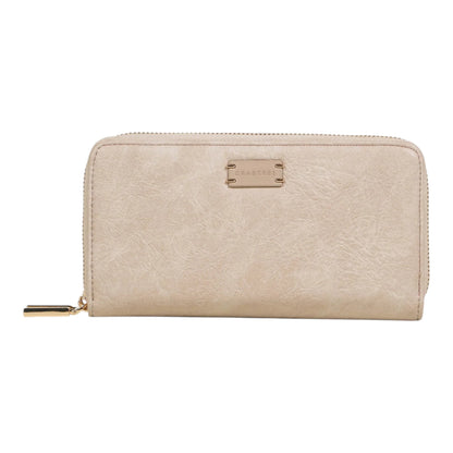 Regalos Ejecutivos Ortiz beige faux leather double zipper wallet with gold-tone hardware and embossed logo.