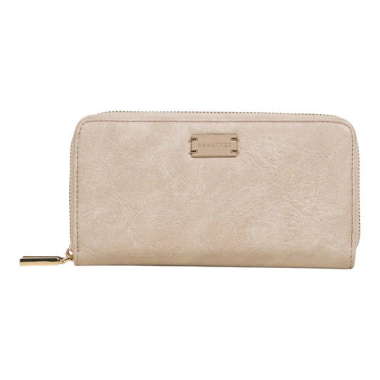 Regalos Ejecutivos Ortiz beige faux leather double zipper wallet with gold-tone hardware and embossed logo.