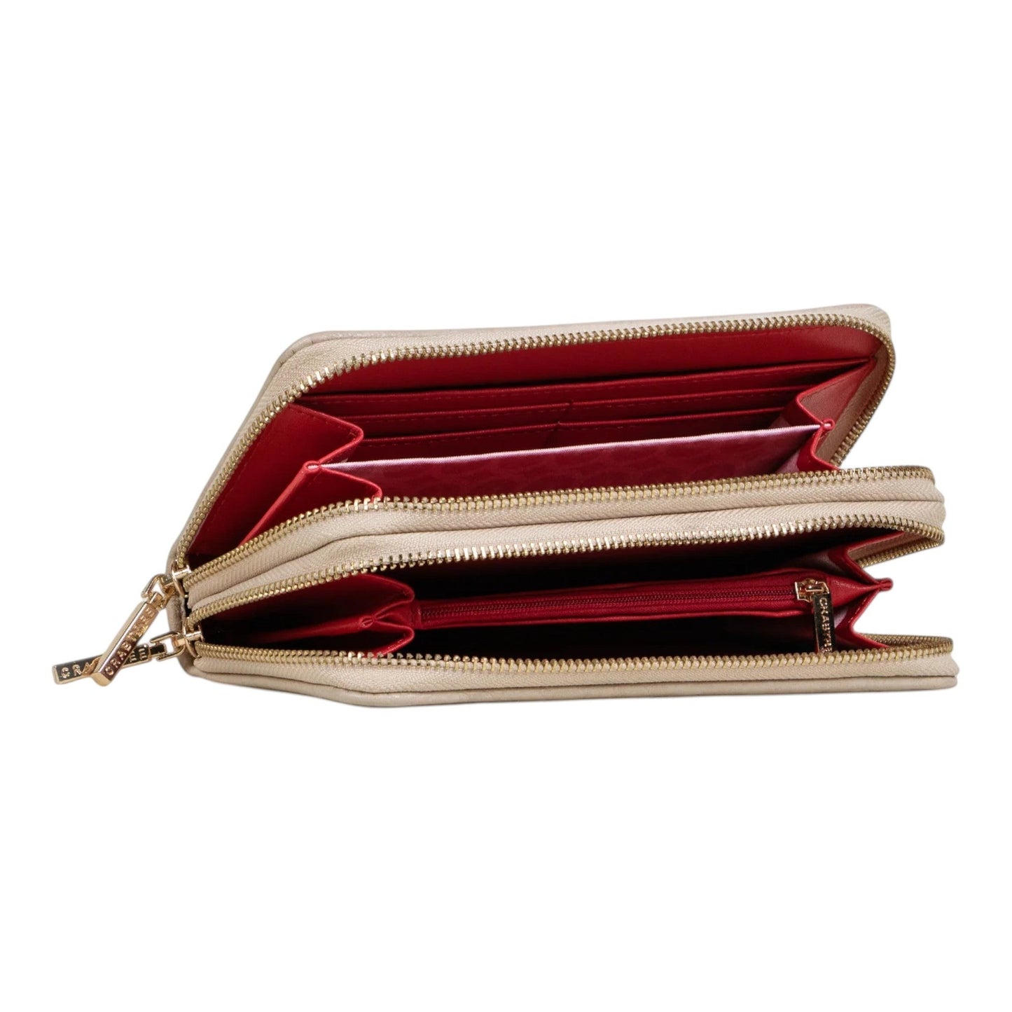Regalos Ejecutivos Ortiz beige leather wallet with red interior and double zipper closure.
