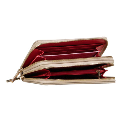 Regalos Ejecutivos Ortiz beige leather wallet with red interior and double zipper closure.