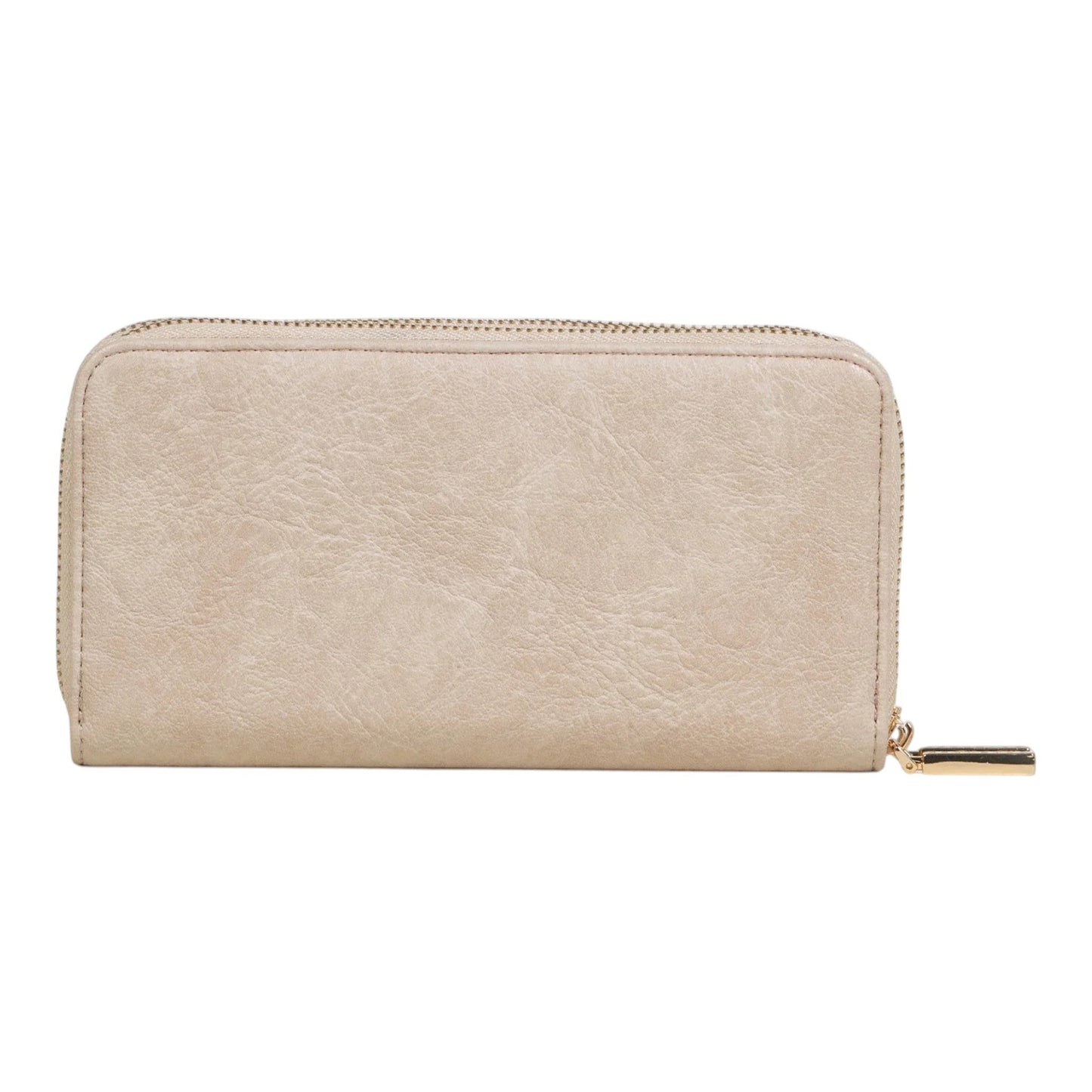 Regalos Ejecutivos Ortiz beige faux leather double zipper wallet with gold hardware.