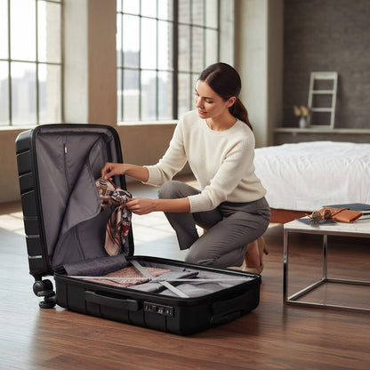 Regalos Ejecutivos Ortiz black 20-inch hard-shell suitcase with TSA lock and 8 spinner wheels, open to show interior organizers.