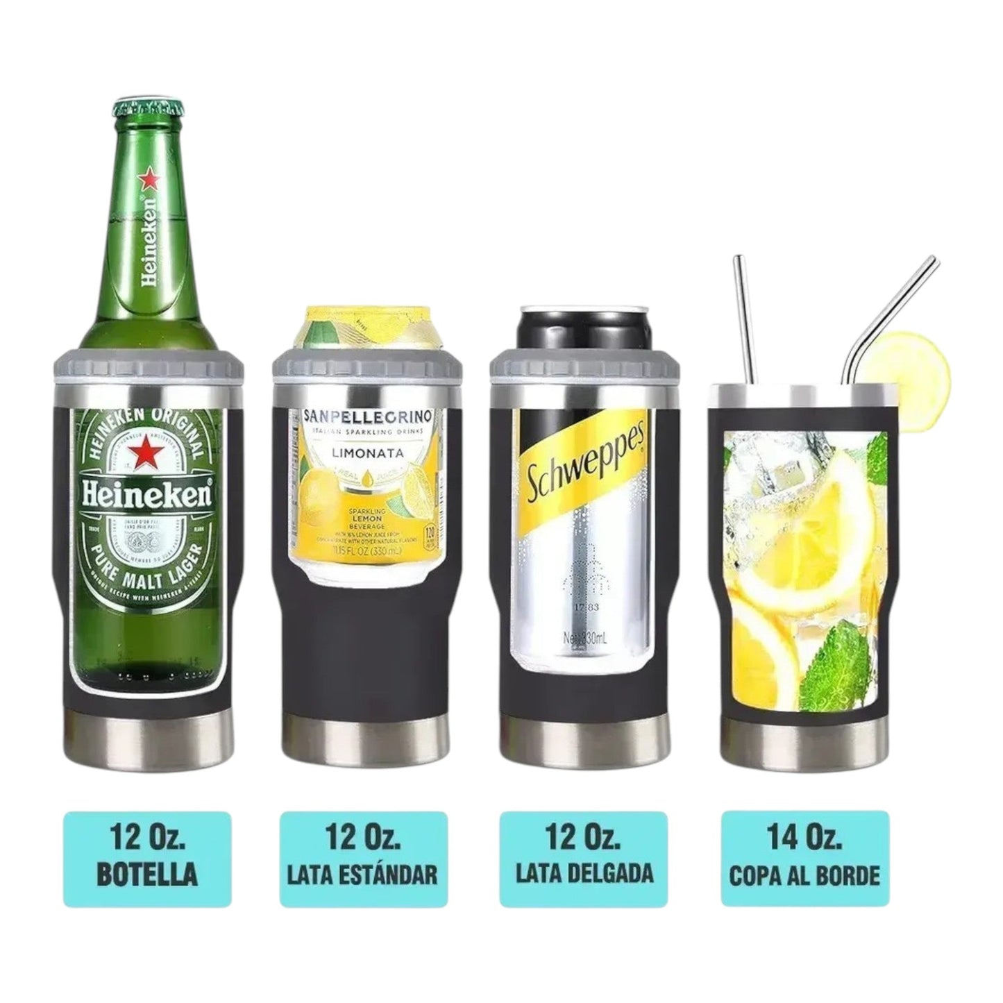 Regalos Ejecutivos Ortiz 6-in-1 black insulated beverage cooler holding a beer bottle, soda cans, and a cocktail glass