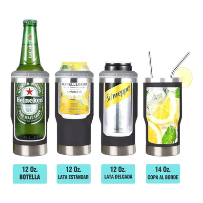 Regalos Ejecutivos Ortiz 6-in-1 black insulated beverage cooler holding a beer bottle, soda cans, and a cocktail glass