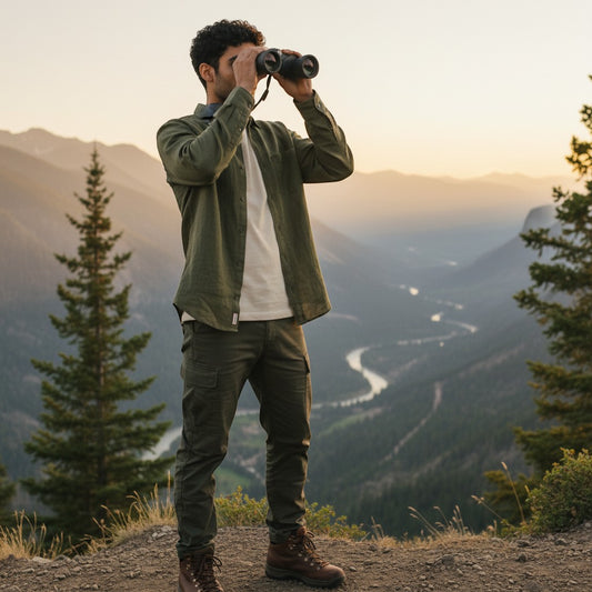 Regalos Ejecutivos Ortiz black rubber-coated aluminum binoculars with 10x magnification and 50mm objective lenses.