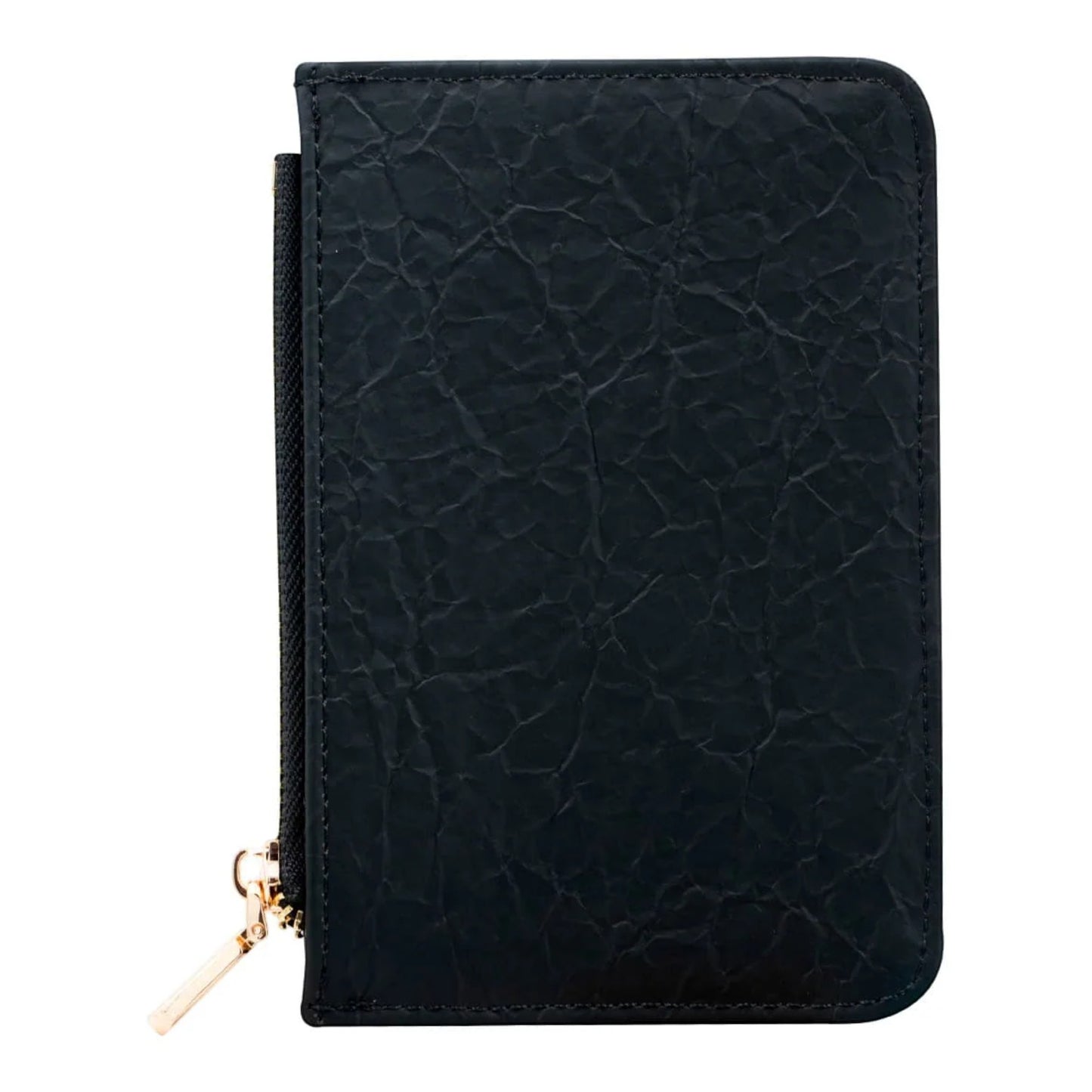 Regalos Ejecutivos Ortiz black synthetic cardholder with textured finish and gold zipper detail.