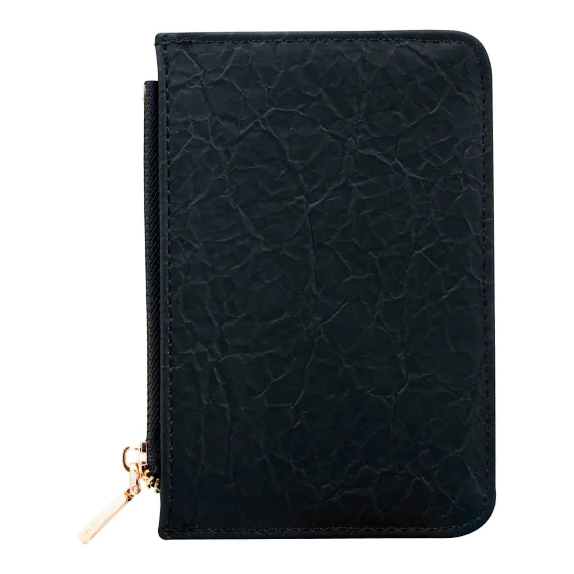 Regalos Ejecutivos Ortiz black synthetic cardholder with textured finish and gold zipper detail.