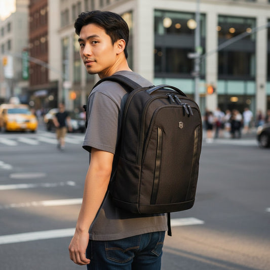 Regalos Ejecutivos Ortiz black compact laptop backpack with multiple compartments and Swiss Army multi-tool.