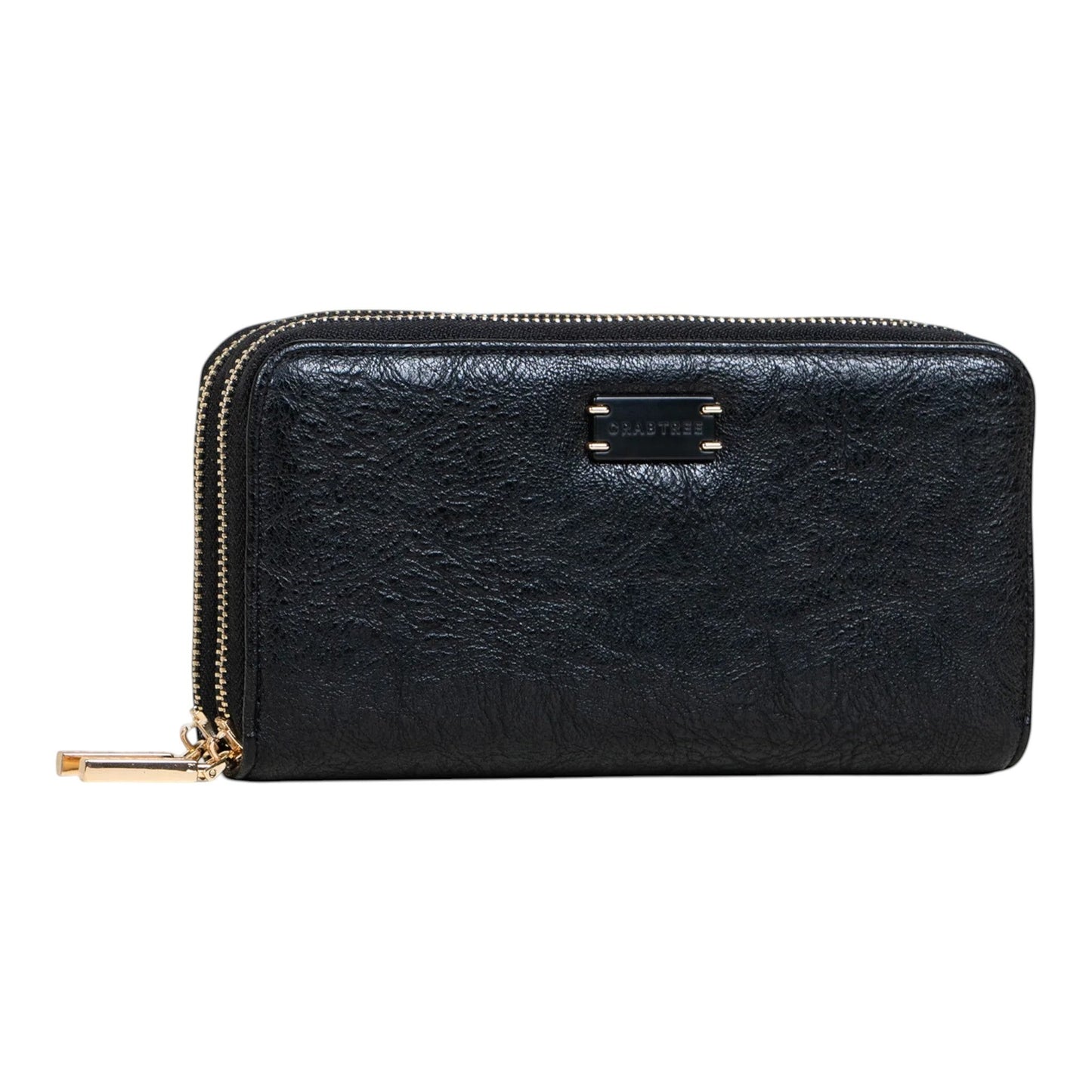 Regalos Ejecutivos Ortiz black faux leather wallet with double zipper and gold logo plate.