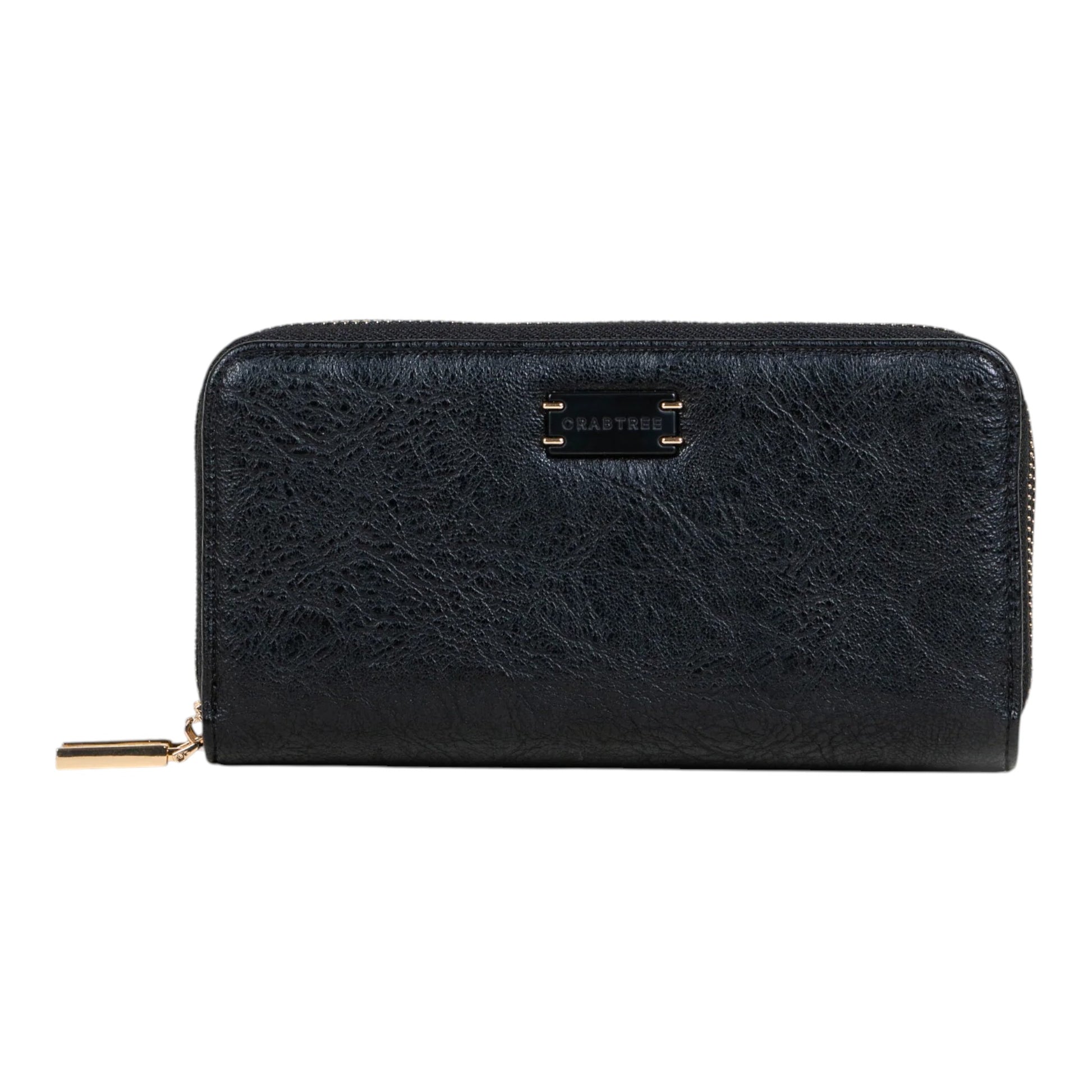 Regalos Ejecutivos Ortiz black textured faux leather wallet with double zipper and gold logo plaque.