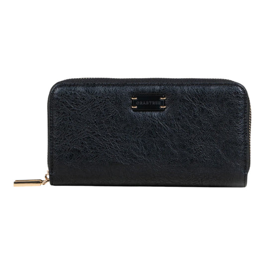 Regalos Ejecutivos Ortiz black textured faux leather wallet with double zipper and gold logo plaque.