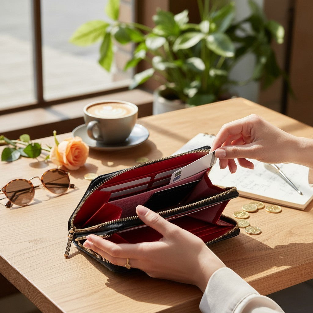 Regalos Ejecutivos Ortiz black faux leather wallet with red interior, double zipper closure, and gold-tone hardware.