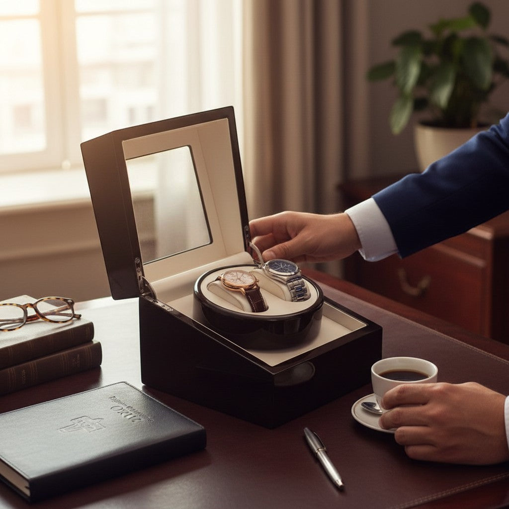 Regalos Ejecutivos Ortiz black dual automatic watch winder with white interior and two watches displayed.