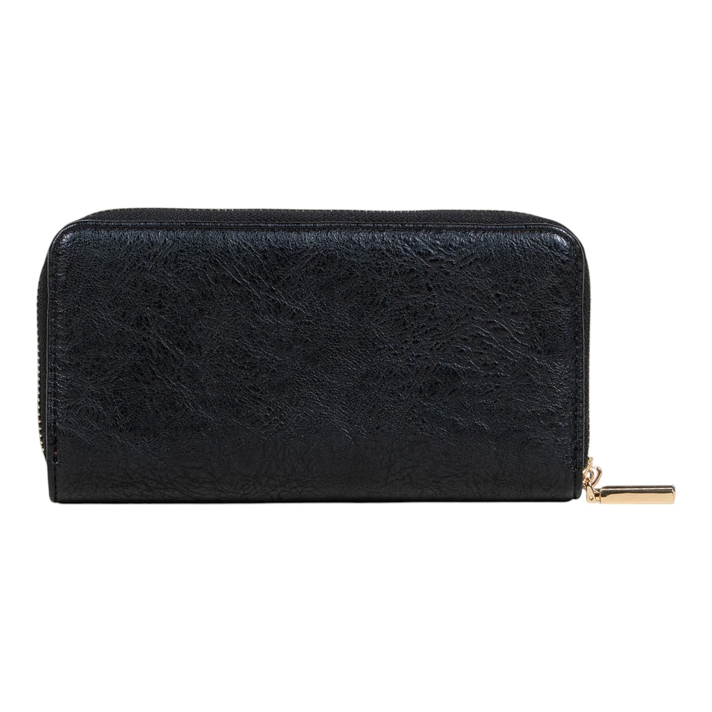Regalos Ejecutivos Ortiz black faux leather wallet with double zipper and gold hardware.